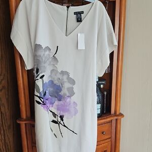 New York & Company Cream Blouse with Purple and Gray Floral Design